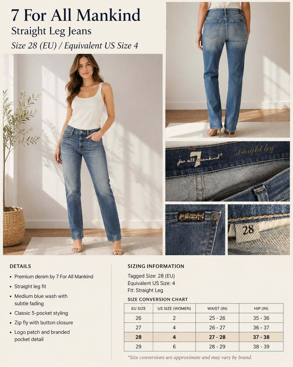 7 For All Mankind women’s Straight Leg Jeans Size 28